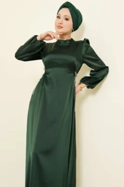 Beaded Satin Evening Dress Emerald en gros dress view 2 - Hicabistan usine Turquie