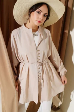 Stone-Embellished Brit Buttoned Terikoton Shirt Beige