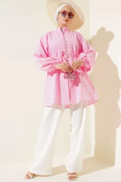 Alternative view of Stone-Embellished Brit Buttoned Terikoton Shirt Pink