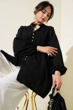 Stone-Embellished Brit Buttoned Terikoton Shirt Black