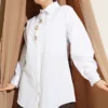 Shirt with Hidden Buttons and Beaded Brooch White