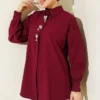 Shirt with Hidden Buttons and Beaded Brooch Burgundy wholesale shirt - Hicabistan Turkey factory
