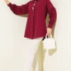 Shirt with Hidden Buttons and Beaded Brooch Burgundy all'ingrosso shirt view 2 - Hicabistan fabbrica Turchia