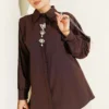 Shirt with Hidden Buttons and Beaded Brooch Brown