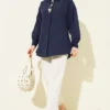 Shirt with Hidden Buttons and Beaded Brooch Navy Blue بالجملة shirt view 2 - Hicabistan مصنع تركيا