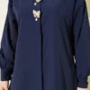 Shirt with Hidden Buttons and Beaded Brooch Navy Blue بالجملة shirt view 4 - Hicabistan مصنع تركيا