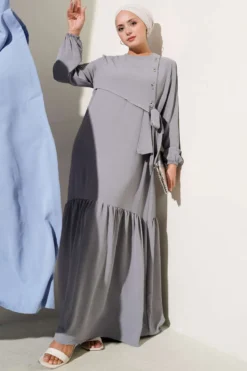 Stone-Studded Eyelet Detailed Tied Dress Grey