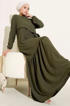Stone-Studded Eyelet Detailed Tied Dress Khaki