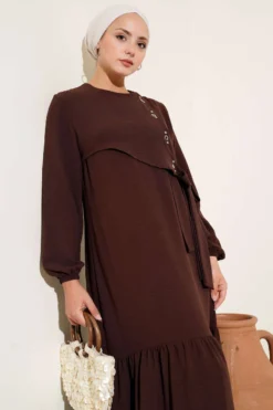 Alternative view of Stone-Studded Eyelet Detailed Tied Dress Brown