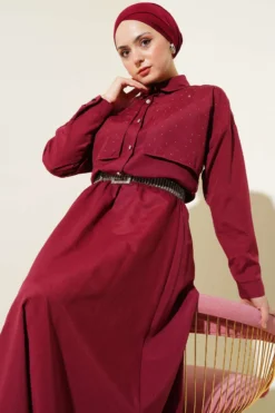 Alternative view of Stone-Embellished Cape Skirt Two-Piece Set Burgundy