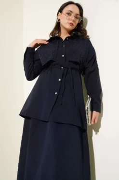 Alternative view of Stone-Embellished Cape Skirt Two-Piece Set Navy Blue