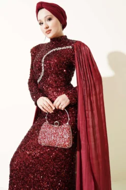 Alternative view of Embellished Cape Evening Dress Burgundy