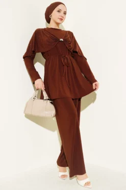 Embellished Side Slit Two-Piece Set Brown
