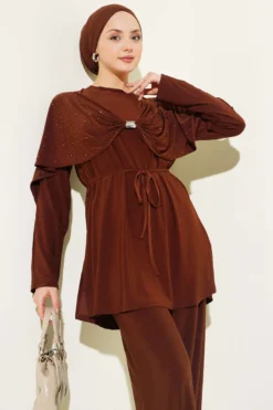 Alternative view of Embellished Side Slit Two-Piece Set Brown