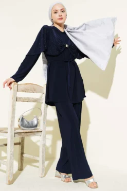 Alternative view of Embellished Side Slit Two-Piece Set Navy Blue