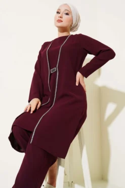 Alternative view of Stone Detail Two-Piece Set Burgundy