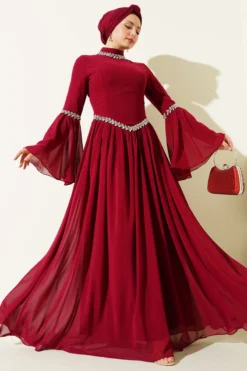 Stone Embellished Chiffon Evening Dress Burgundy wholesale dress - Hicabistan Turkey factory