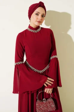 Stone Embellished Chiffon Evening Dress Burgundy wholesale dress view 2 - Hicabistan Turkey factory