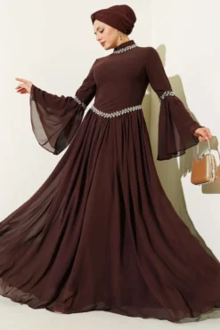 Stone Embellished Chiffon Evening Dress Brown wholesale dress - Hicabistan Turkey factory
