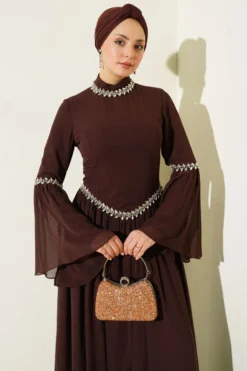 Stone Embellished Chiffon Evening Dress Brown wholesale dress view 2 - Hicabistan Turkey factory