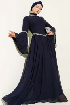 Stone Embellished Chiffon Evening Dress Navy Blue wholesale dress - Hicabistan Turkey factory
