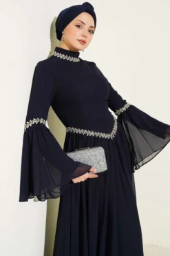 Stone Embellished Chiffon Evening Dress Navy Blue wholesale dress view 2 - Hicabistan Turkey factory
