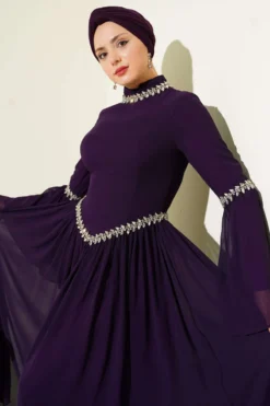 Stone Embellished Chiffon Evening Dress Purple wholesale dress - Hicabistan Turkey factory