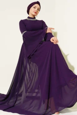 Stone Embellished Chiffon Evening Dress Purple wholesale dress view 2 - Hicabistan Turkey factory