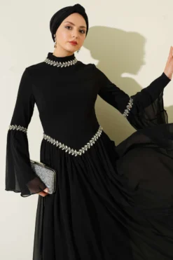 Stone Embellished Chiffon Evening Dress Black wholesale dress view 2 - Hicabistan Turkey factory