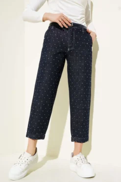 Stone Embellished Denim Pants Navy Blue