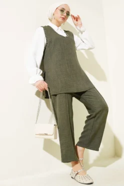 Stone Embellished Side Tied Three-Piece Set Khaki