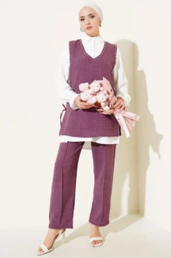 Stone Embellished Side Tied Three-Piece Set Purple