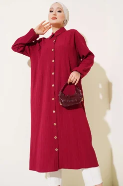 Wood Button Tree Bark Long Shirt Burgundy بالجملة shirt - Hicabistan مصنع تركيا