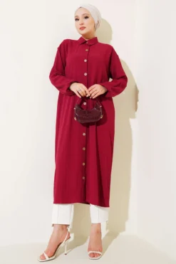 Wood Button Tree Bark Long Shirt Burgundy بالجملة shirt view 2 - Hicabistan مصنع تركيا