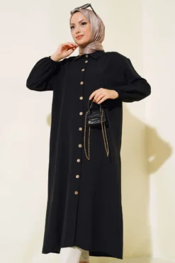 Wood Button Tree Bark Long Shirt Black