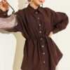 Wooden Button Waist Tunic Shirt Brown wholesale shirt - Hicabistan Turkey factory