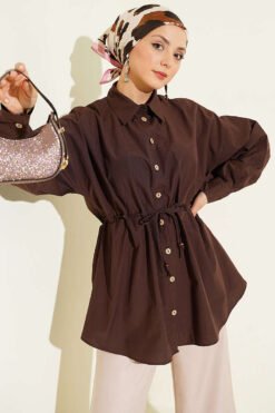 Wooden Button Waist Tunic Shirt Brown