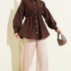 Wooden Button Waist Tunic Shirt Brown wholesale shirt view 2 - Hicabistan Turkey factory
