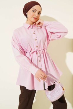 Wooden Button Waist Tunic Shirt Pink