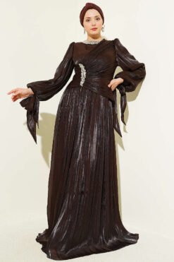 Stone Detail Draped Evening Dress Brown
