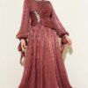 Stone Detail Draped Evening Dress Stone