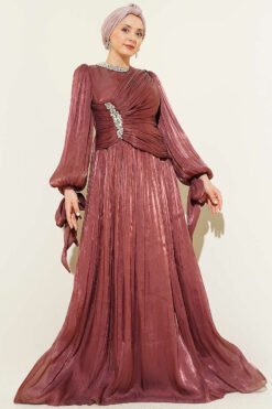 Stone Detail Draped Evening Dress Stone