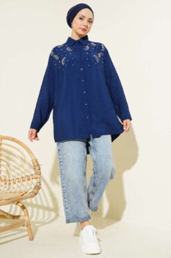 Alternative view of Stone Detail Cuff Button Shirt Navy Blue