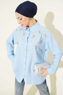 Stone Detail Cuff Button Shirt Blue