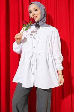 Button-Detail Gathered Shirt White