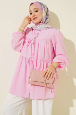 Button-Detail Gathered Shirt Pink