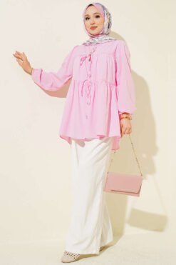 Vue alternative de Button-Detail Gathered Shirt Pink