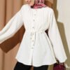 Stone Button Striped Textured Shirt Ecru all'ingrosso shirt - Hicabistan fabbrica Turchia