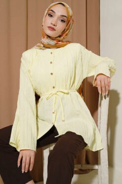 Stone Button Striped Textured Shirt Yellow