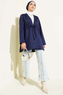 Alternatieve weergave van Stone Embellished Belted Scuba Kimono Navy Blue